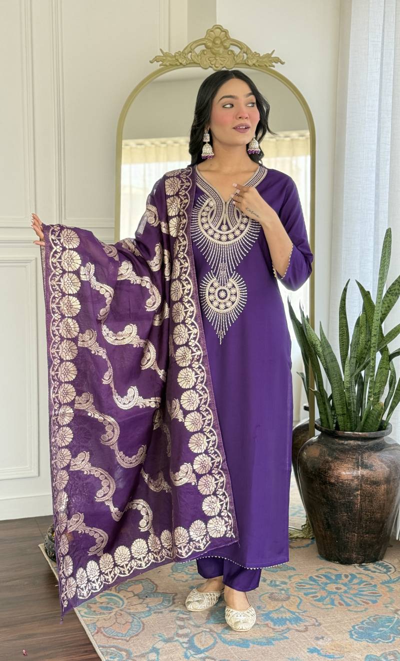 Zarqa Royal Purple Pure Silk Suit Set