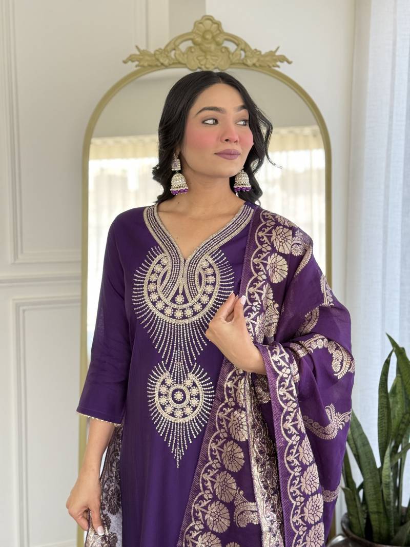 Zarqa Royal Purple Pure Silk Suit Set