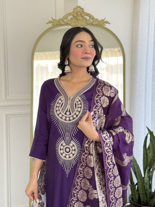 Zarqa Royal Purple Pure Silk Suit Set