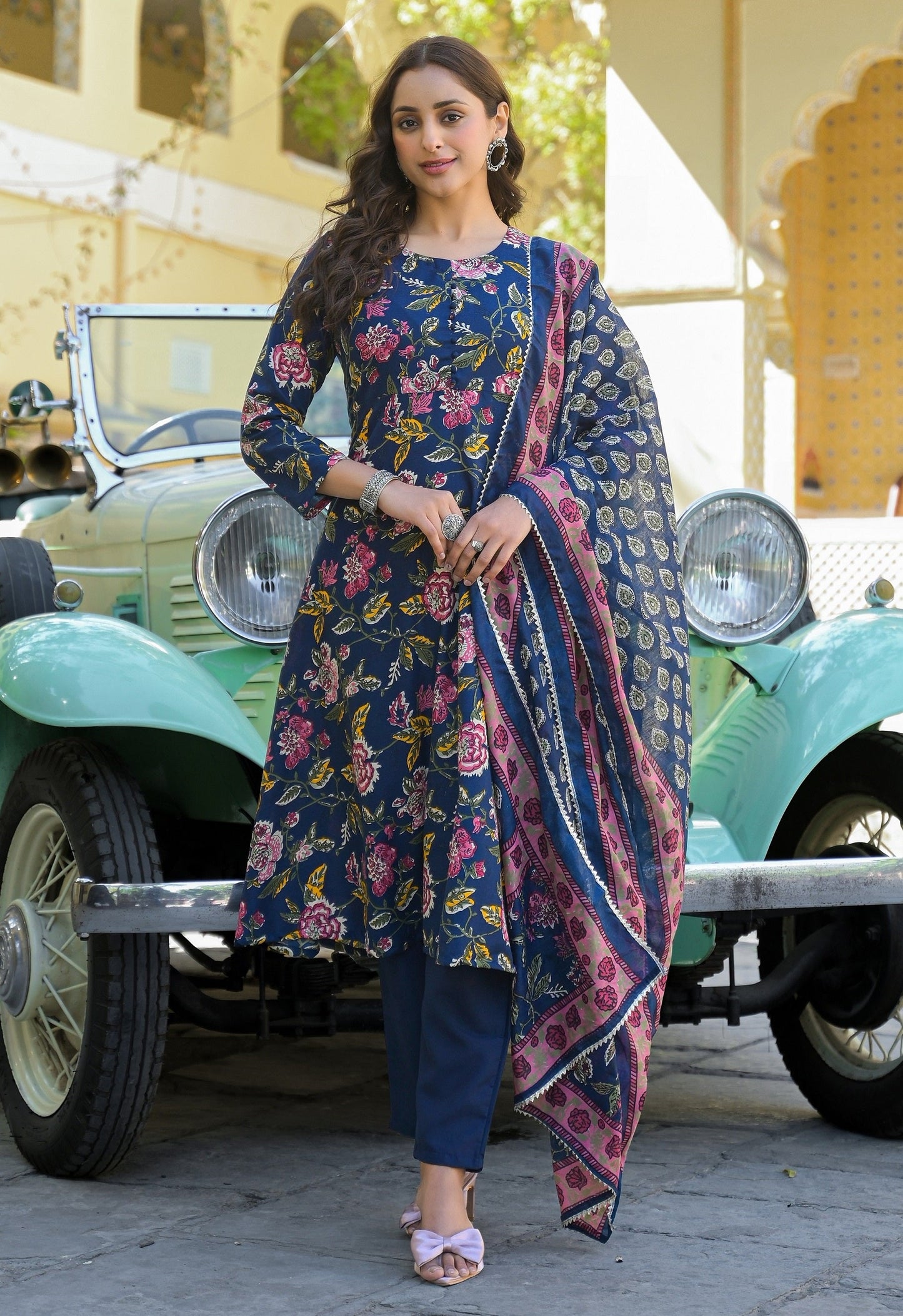 Women Viscose Blue Anarkali Kurta And Pant Set With Dupatta