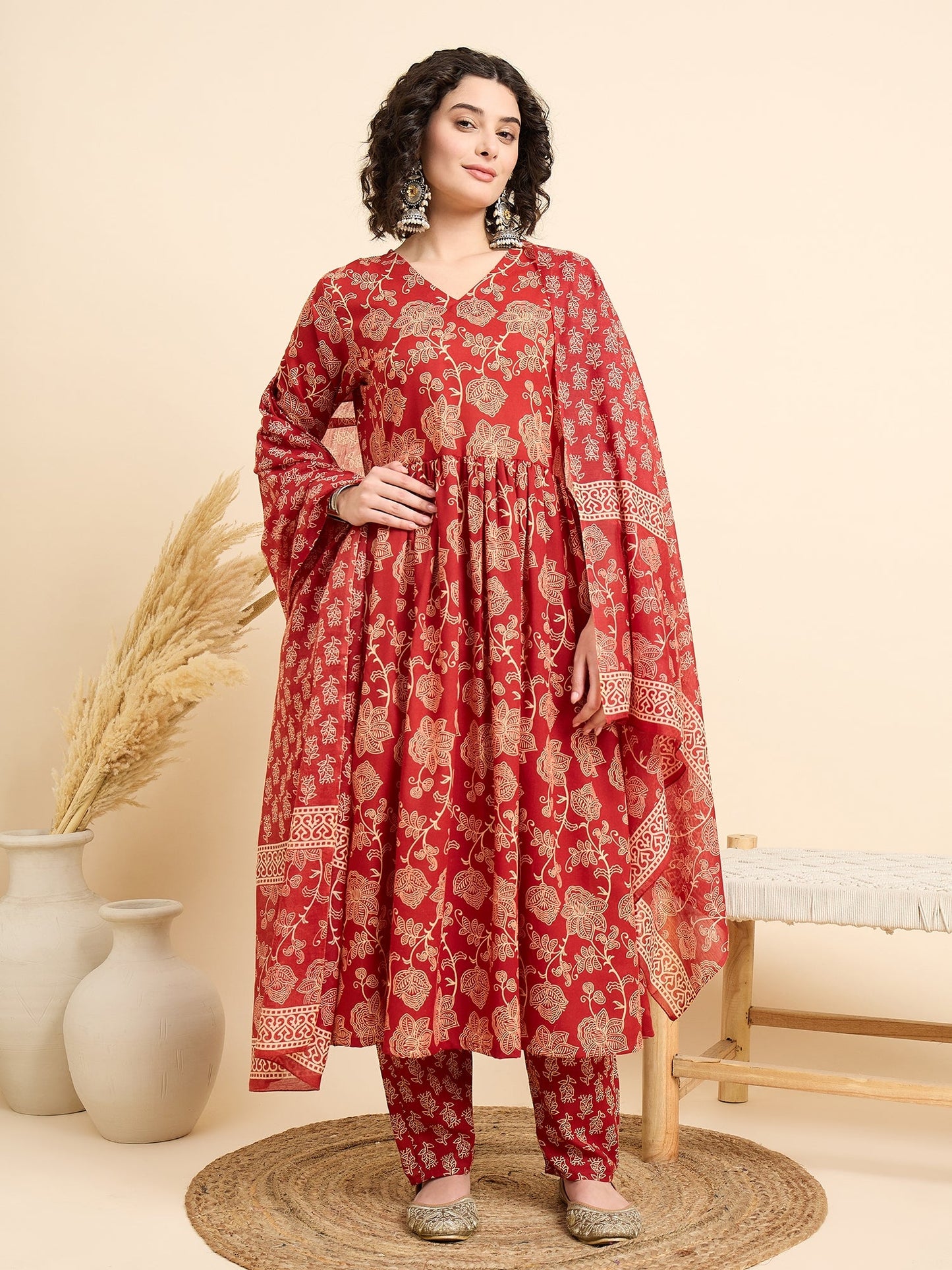 Women’s Viscose Red Anarkali Kurta and Pant Set with Dupatta