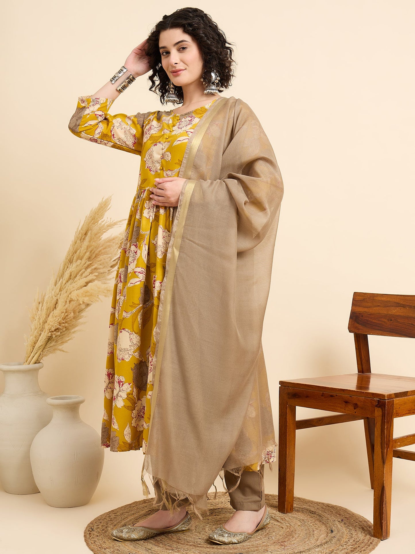 Women’s Viscose Yellow Anarkali Kurta and Pant Set with Dupatta