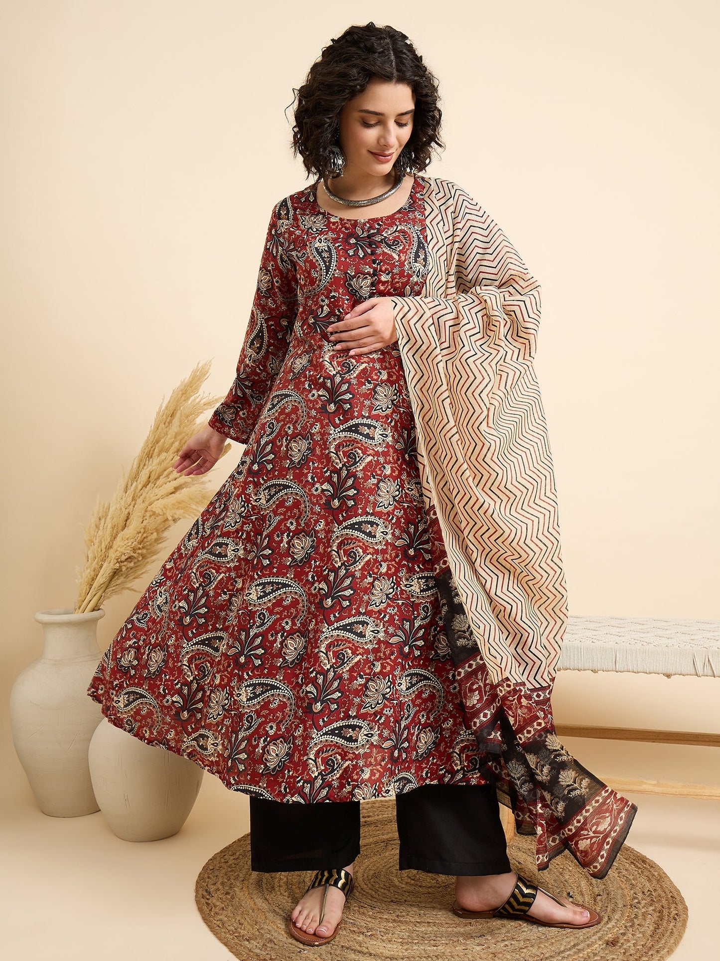 Women's Viscose Maroon Printed Anarkali Kurta with Black Pants and Beige Dupatta