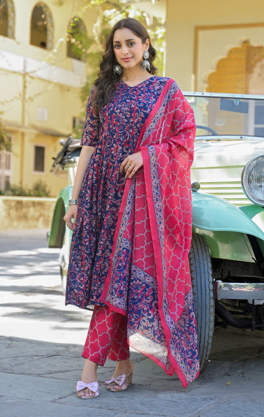 Women’s Viscose Navy Blue Anarkali Kurta and Pant Set with Dupatta