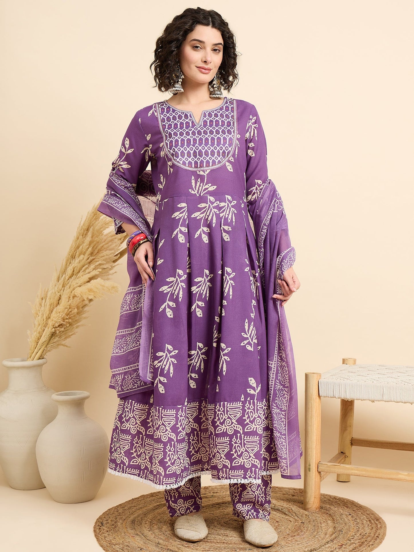 Women’s Viscose Purple Anarkali Kurta and Pant Set with Dupatta