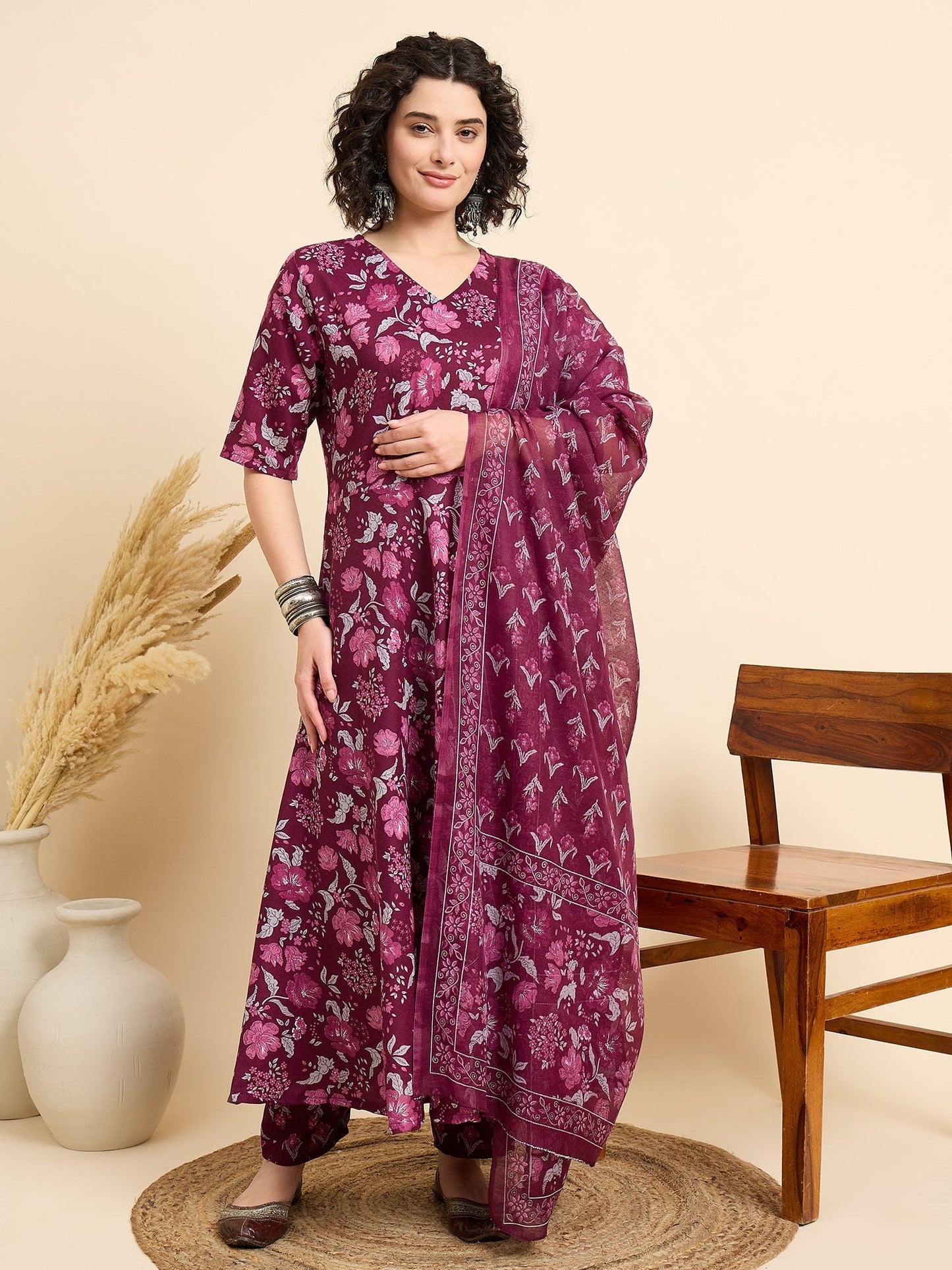 Women’s Viscose Purple Anarkali Kurta and Pant Set with Dupatta
