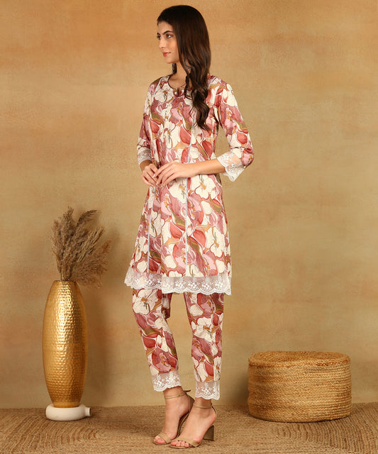 Pink Pure Muslin Foil Print Co-ord Set Fabric-Muslin