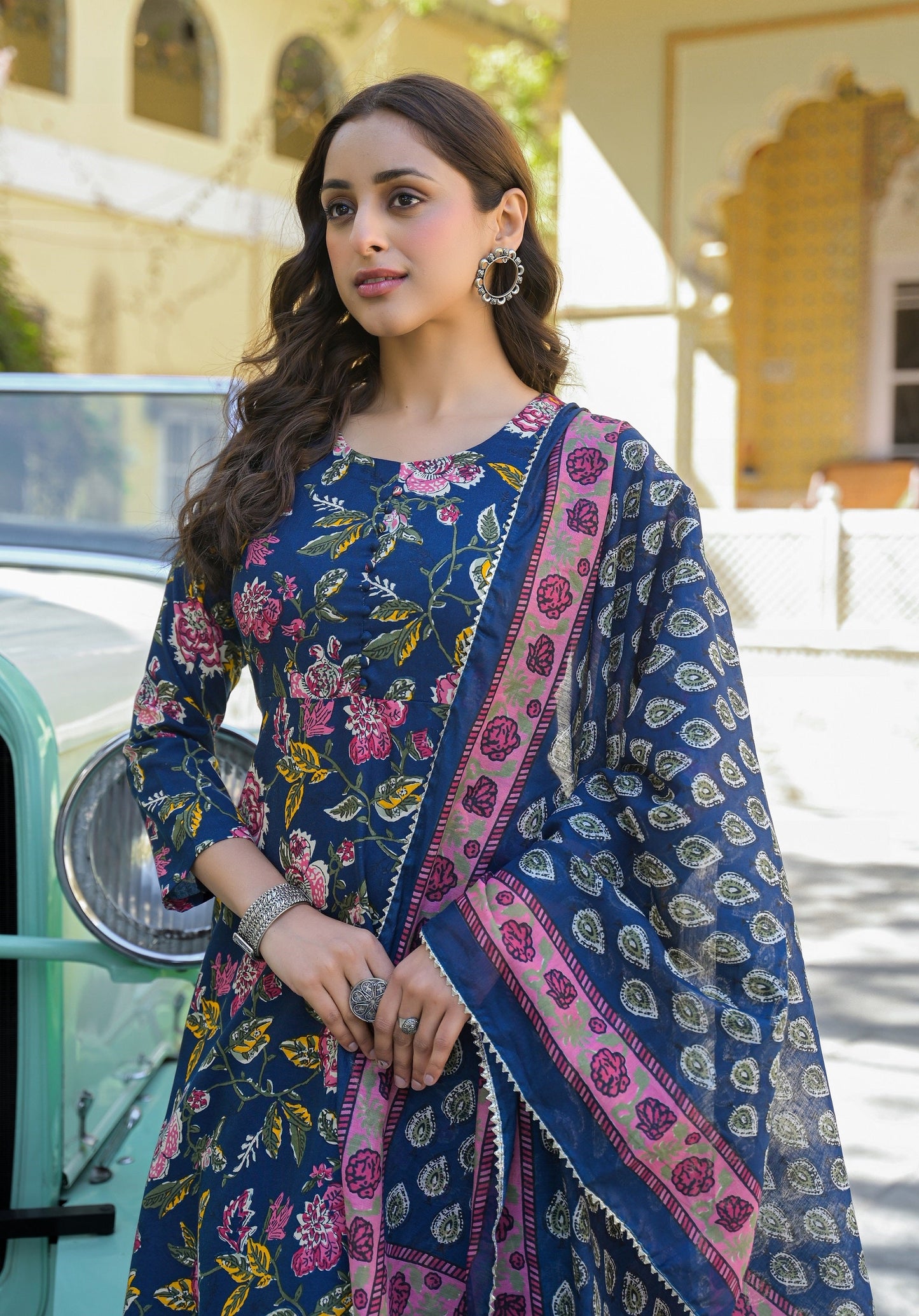 Women Viscose Blue Anarkali Kurta And Pant Set With Dupatta