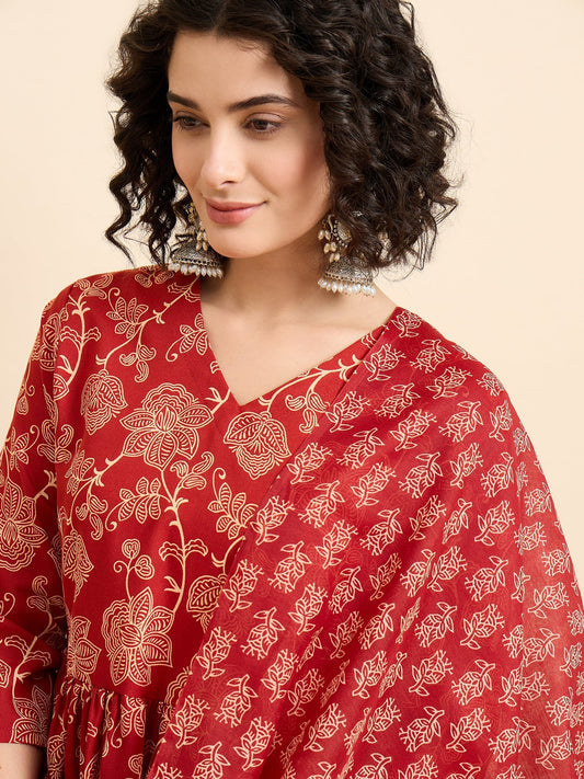 Women’s Viscose Red Anarkali Kurta and Pant Set with Dupatta