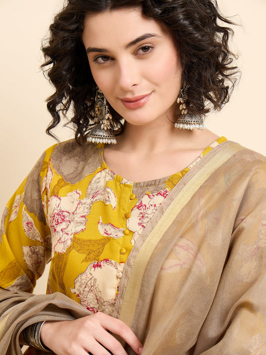 Women’s Viscose Yellow Anarkali Kurta and Pant Set with Dupatta