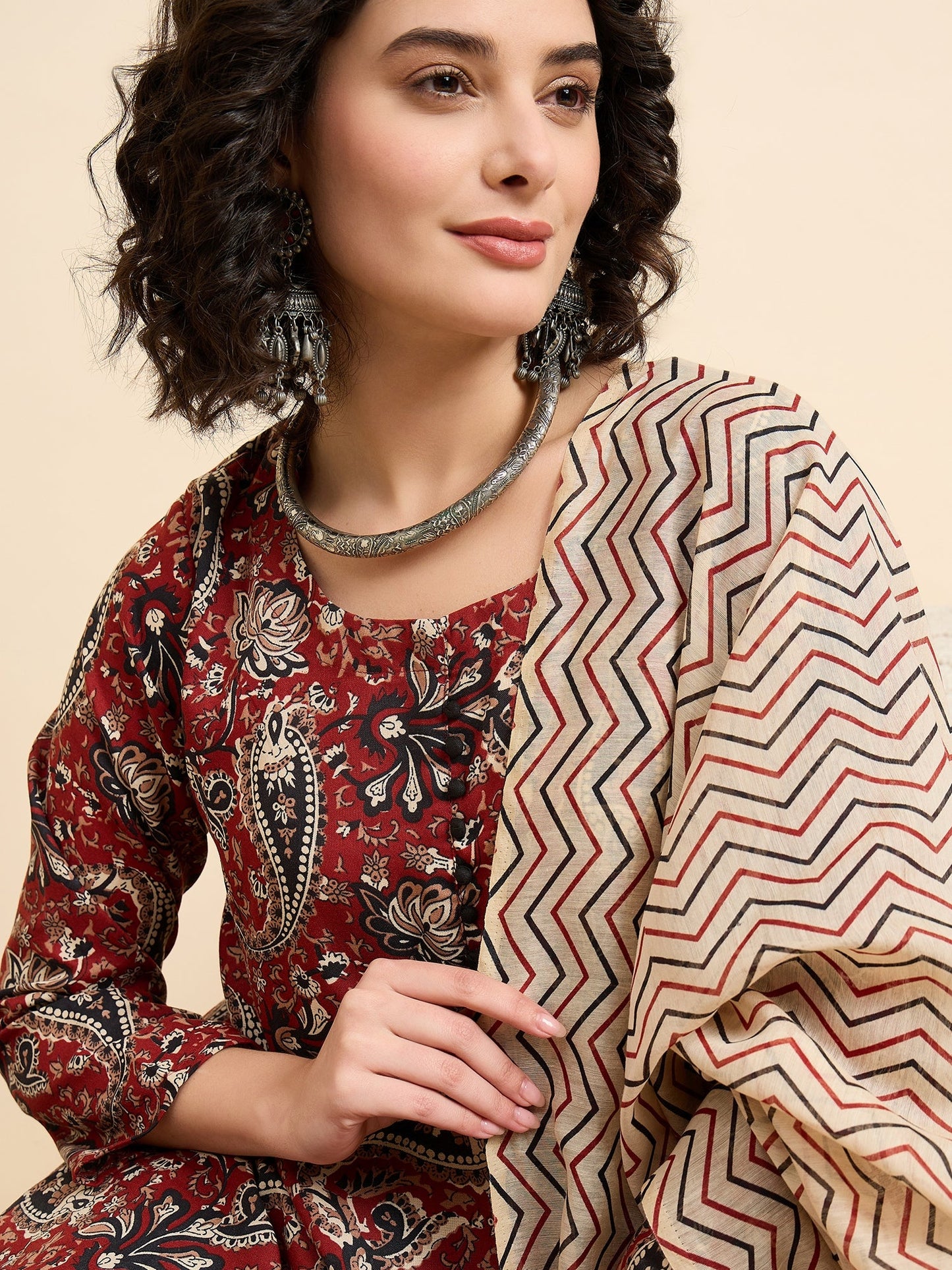 Women's Viscose Maroon Printed Anarkali Kurta with Black Pants and Beige Dupatta