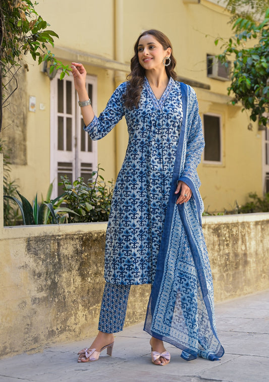 Blue Tranquil Blooms Viscose Suit Set