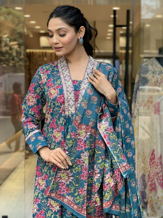 Teal Blossom Viscose Suit Set