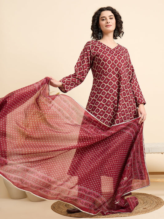 Women Viscose Maroon A-Line Kurta And Pant Set With Dupatta