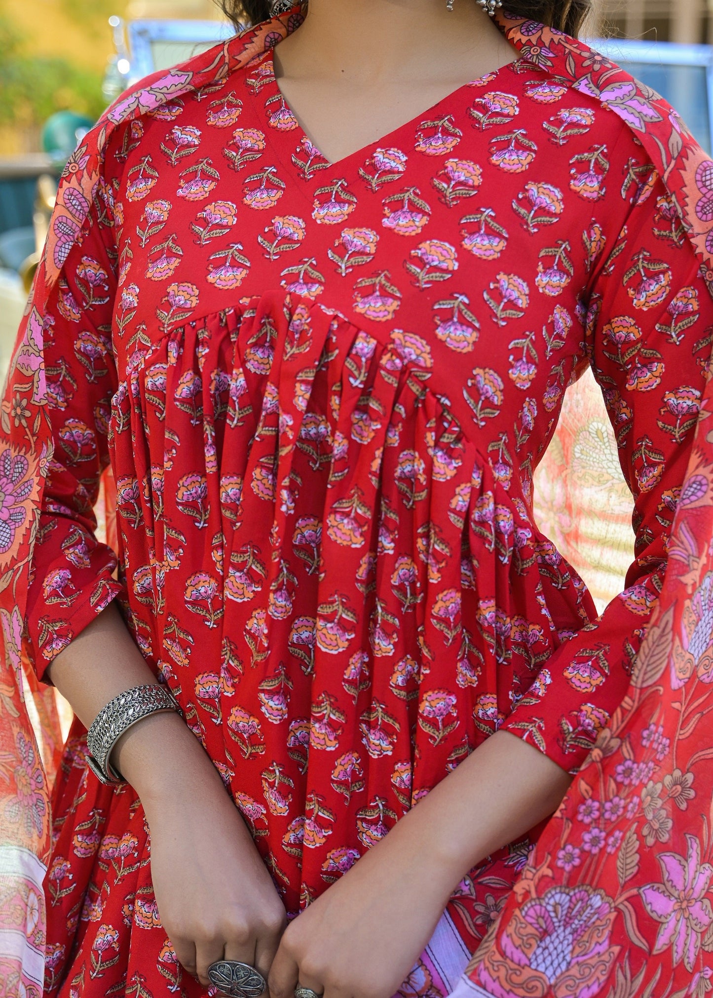Women’s Viscose Red Anarkali Kurta and Pant Set with Dupatta