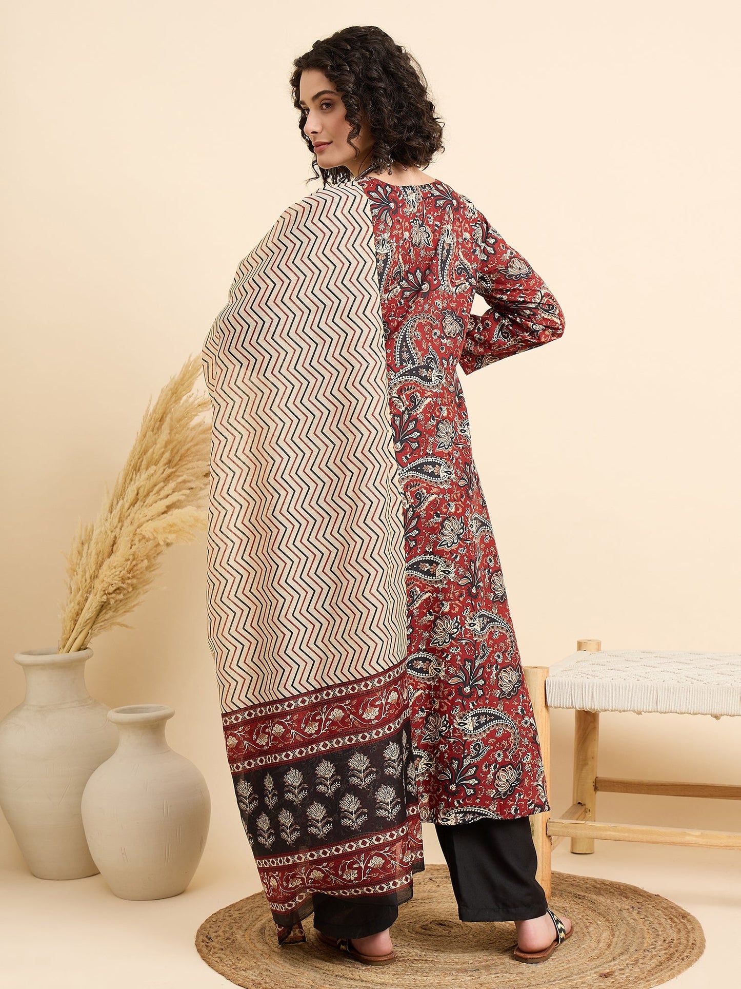 Women's Viscose Maroon Printed Anarkali Kurta with Black Pants and Beige Dupatta