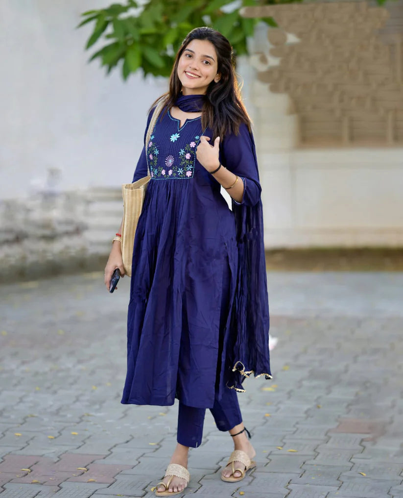 Navy Blossom Viscose Suit Set