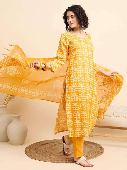 Women’s Viscose Yellow Straight Kurta and Pant Set with Dupatta