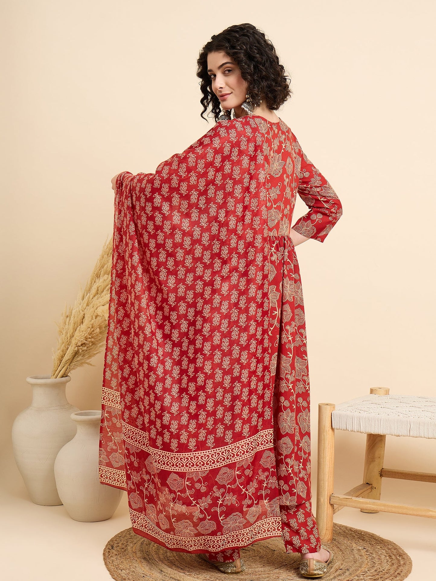 Women’s Viscose Red Anarkali Kurta and Pant Set with Dupatta