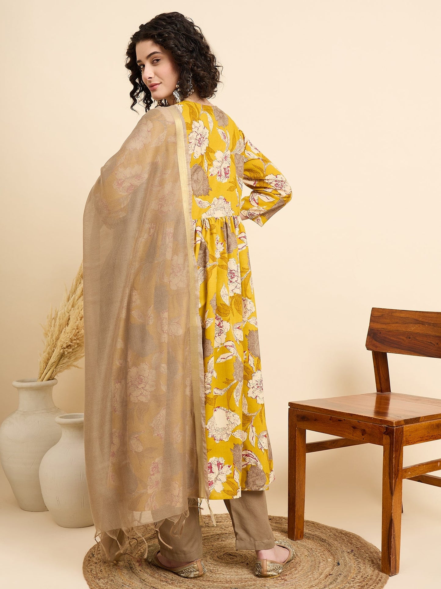 Women’s Viscose Yellow Anarkali Kurta and Pant Set with Dupatta