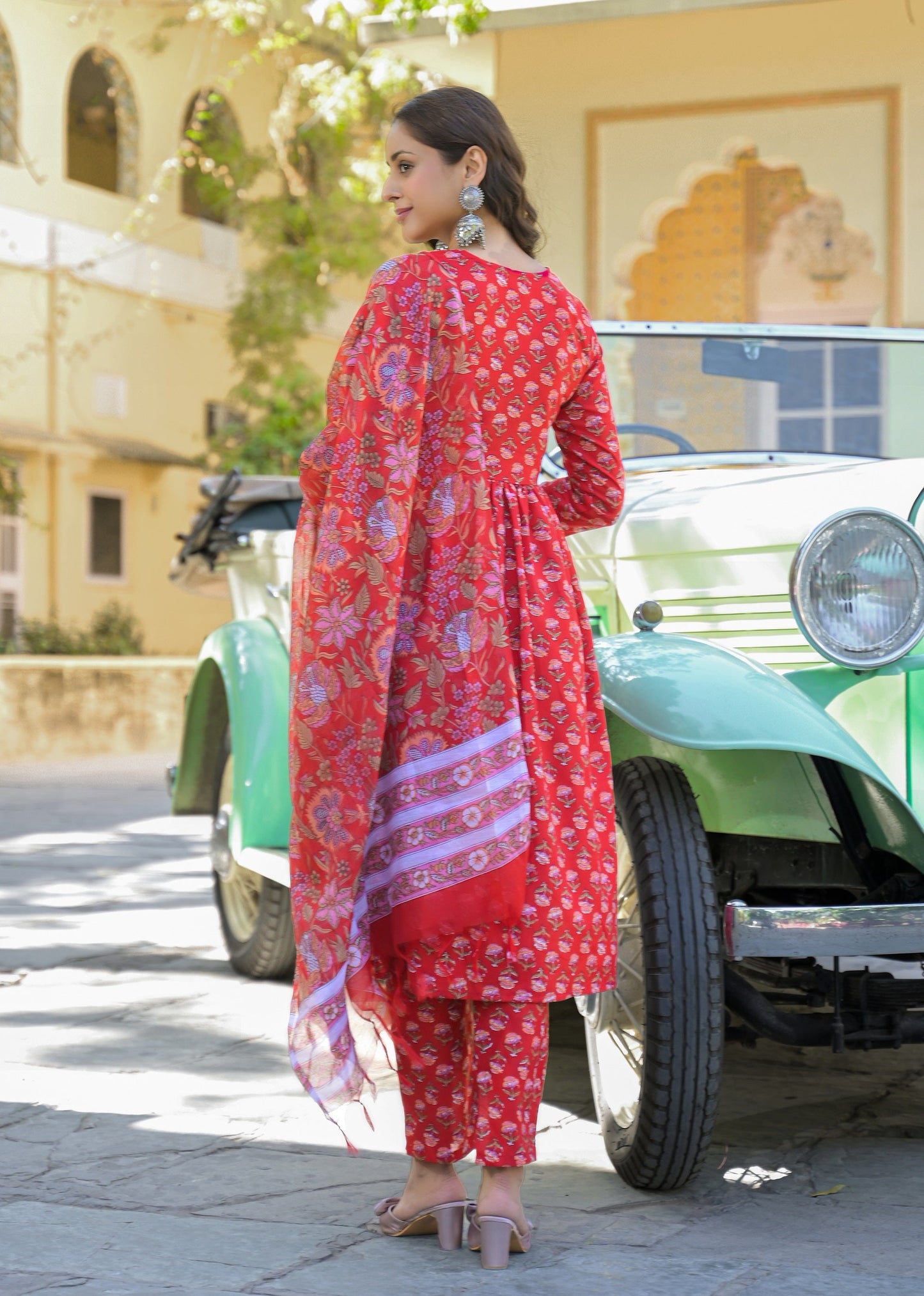Women’s Viscose Red Anarkali Kurta and Pant Set with Dupatta