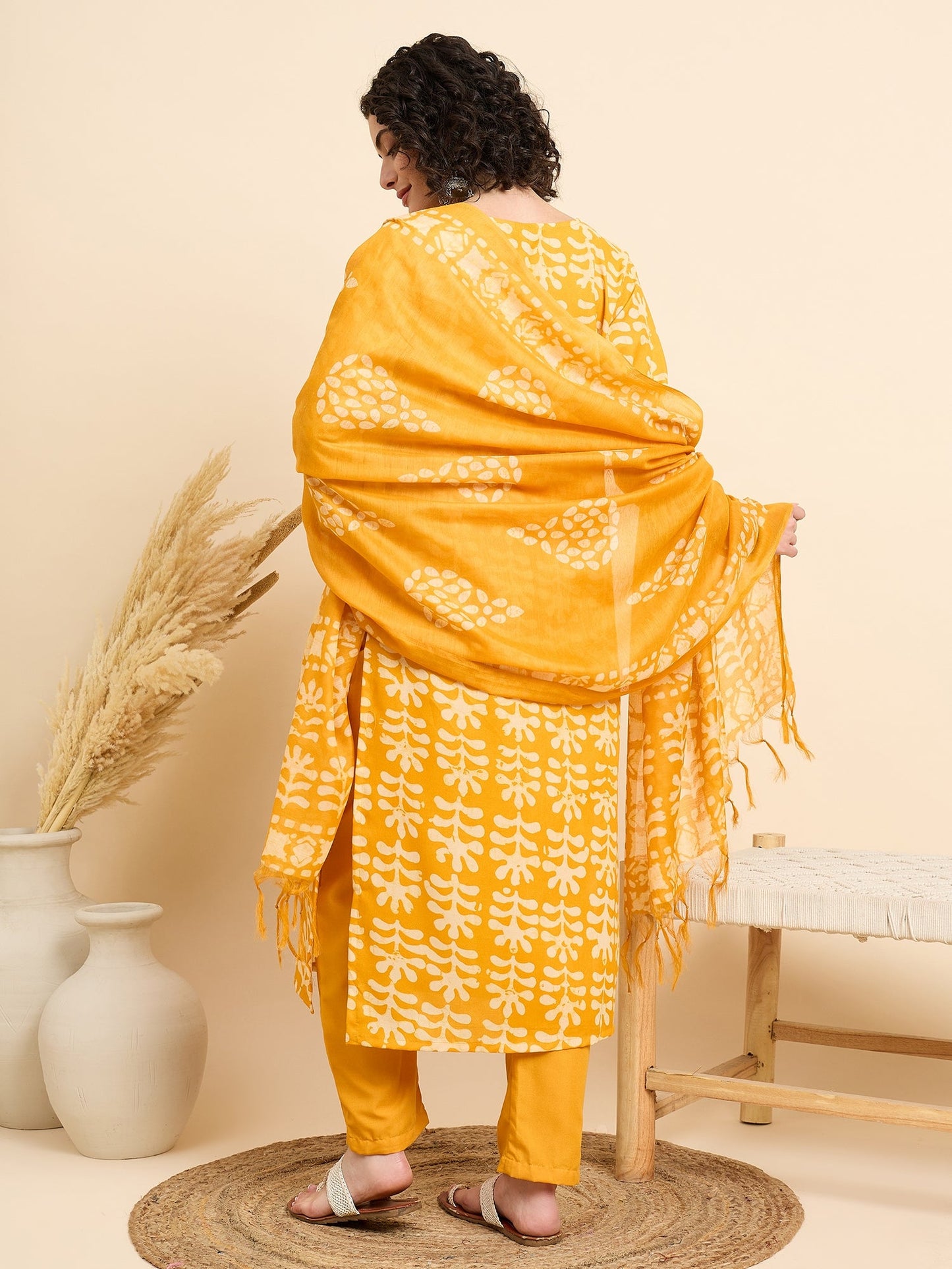 Women’s Viscose Yellow Straight Kurta and Pant Set with Dupatta