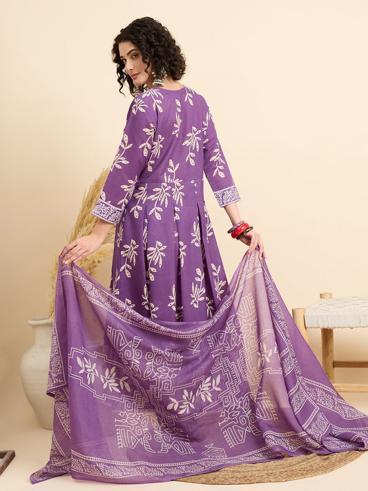 Women’s Viscose Purple Anarkali Kurta and Pant Set with Dupatta