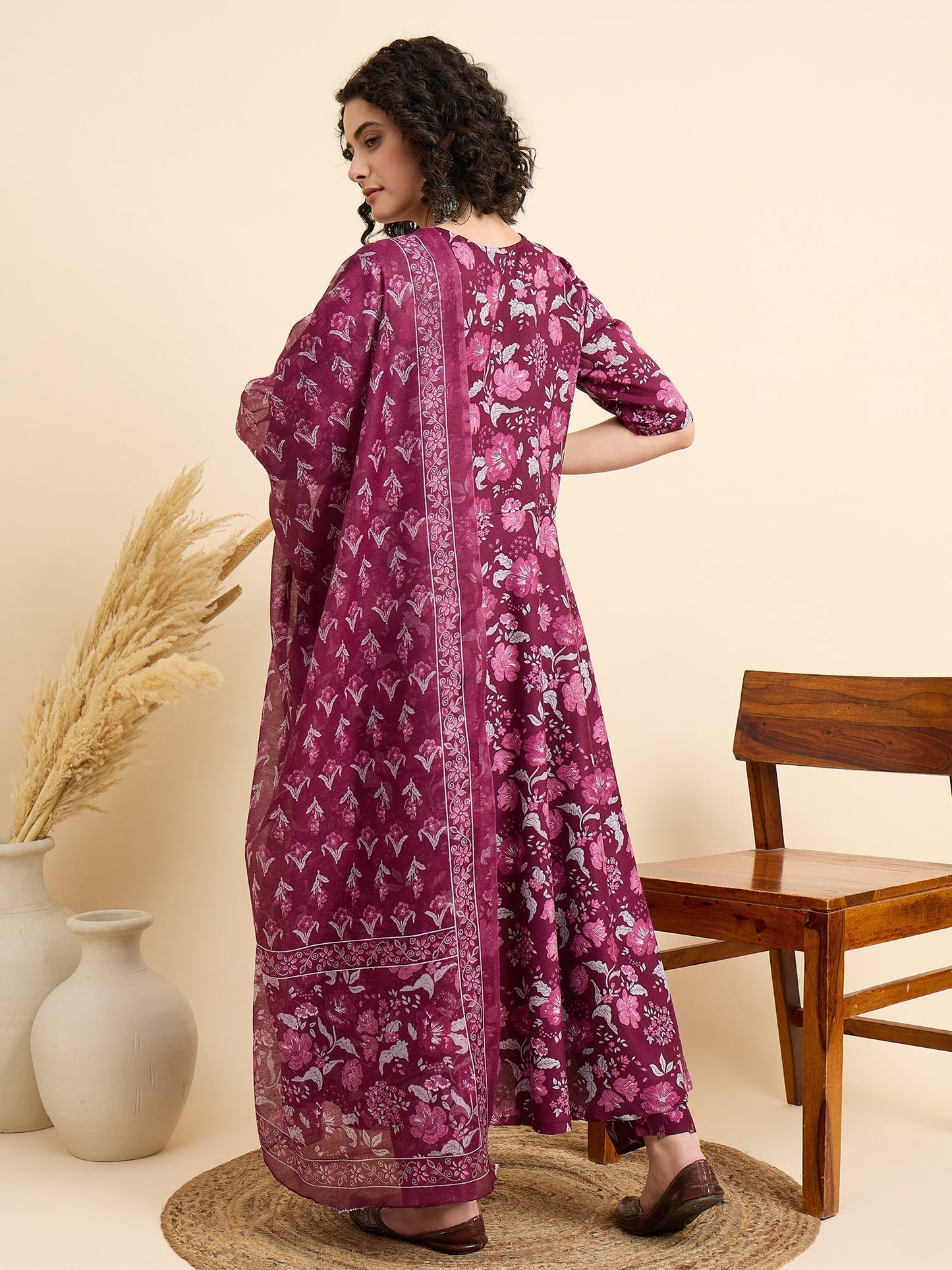 Women’s Viscose Purple Anarkali Kurta and Pant Set with Dupatta