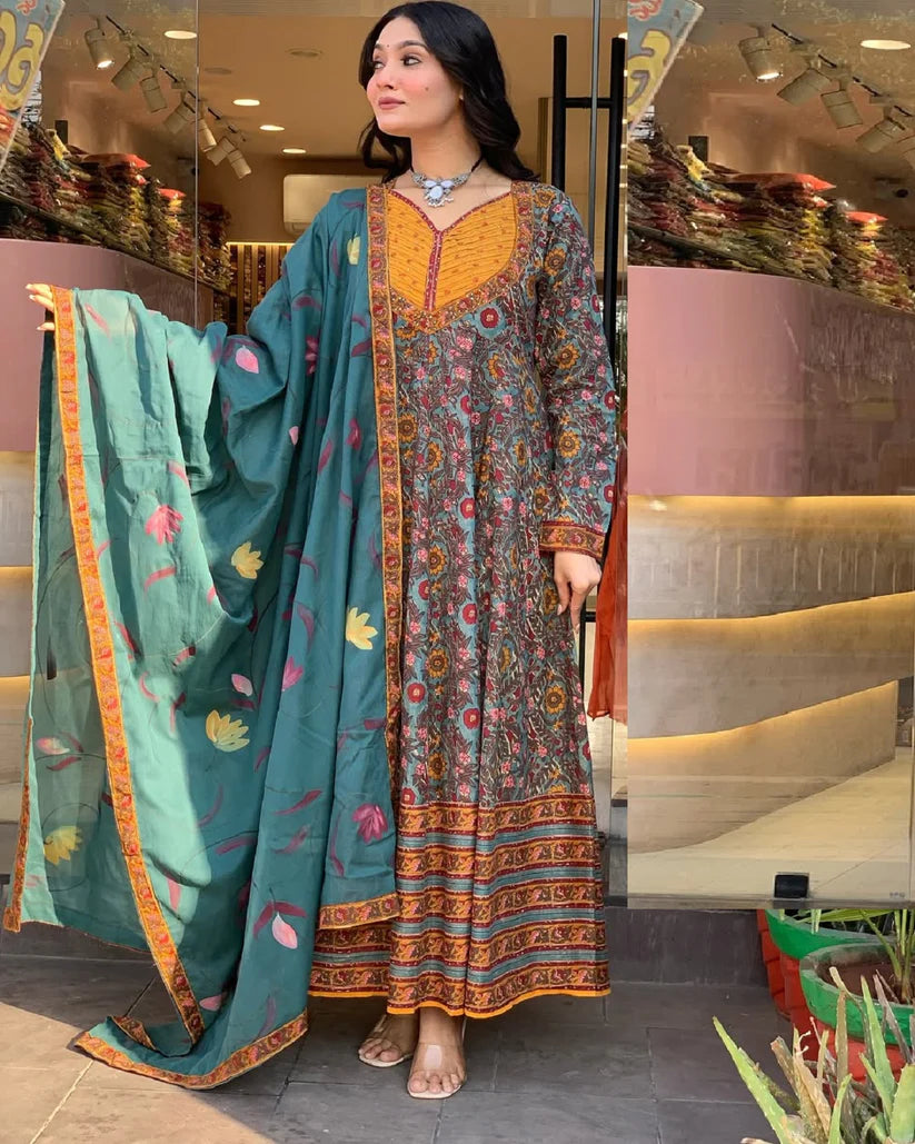 Women’s Viscose Green Anarkali Kurta and Pant Set with Dupatta