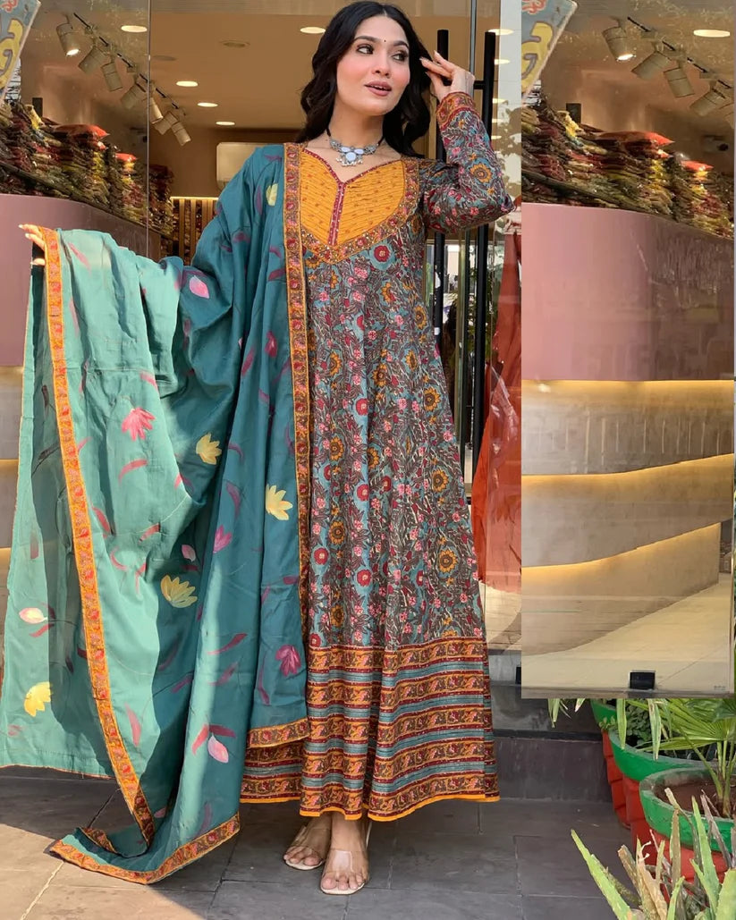 Women’s Viscose Green Anarkali Kurta and Pant Set with Dupatta