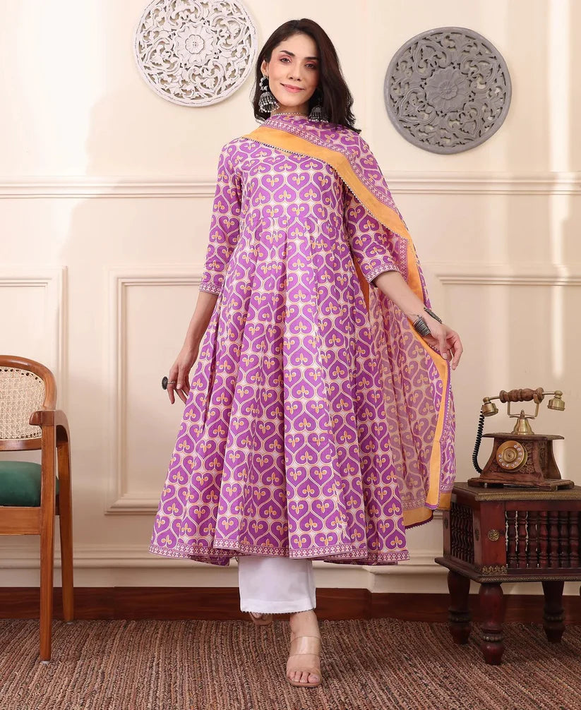 Women’s Viscose Pastel Pink Anarkali Kurta and Pant Set with Dupatta