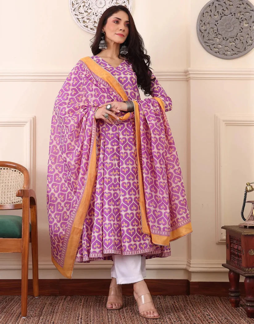 Women’s Viscose Pastel Pink Anarkali Kurta and Pant Set with Dupatta