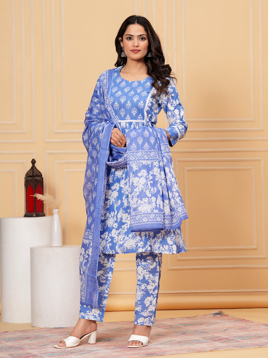 Pure Cotton Kurta, Pant & Dupatta Set (Embroidered & Lace Detailing)