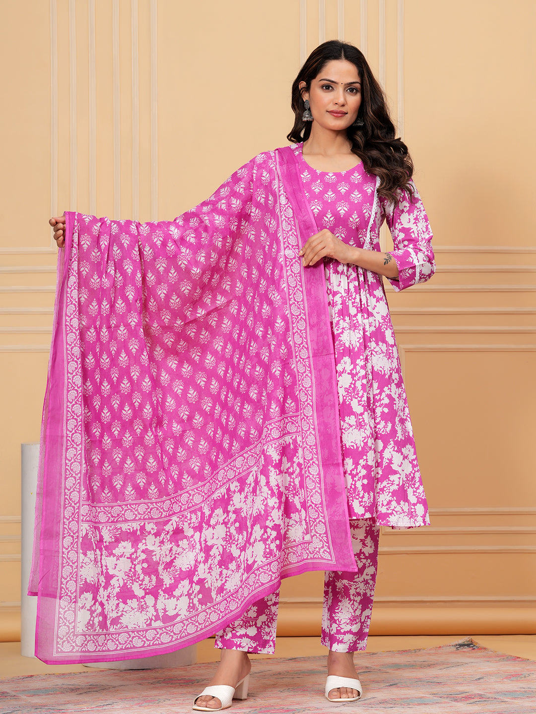 Pure Cotton Kurta, Pant & Dupatta Set (Embroidered & Lace Detailing)