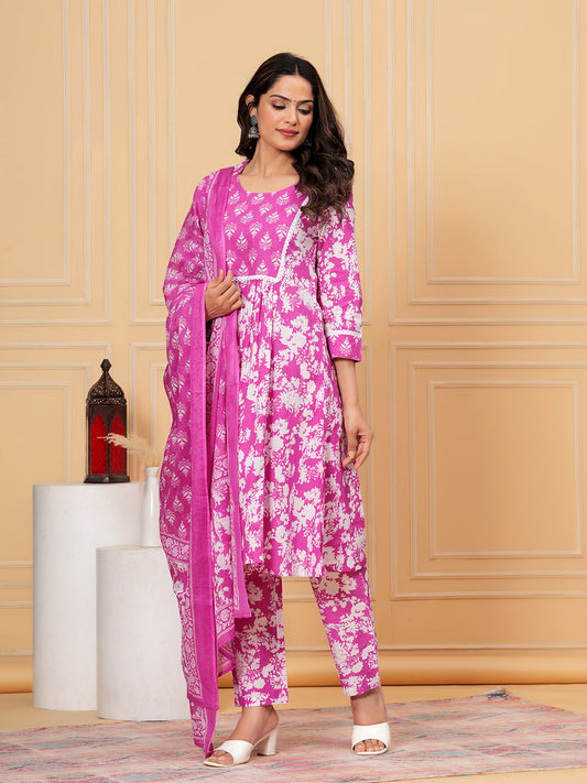 Pure Cotton Kurta, Pant & Dupatta Set (Embroidered & Lace Detailing)