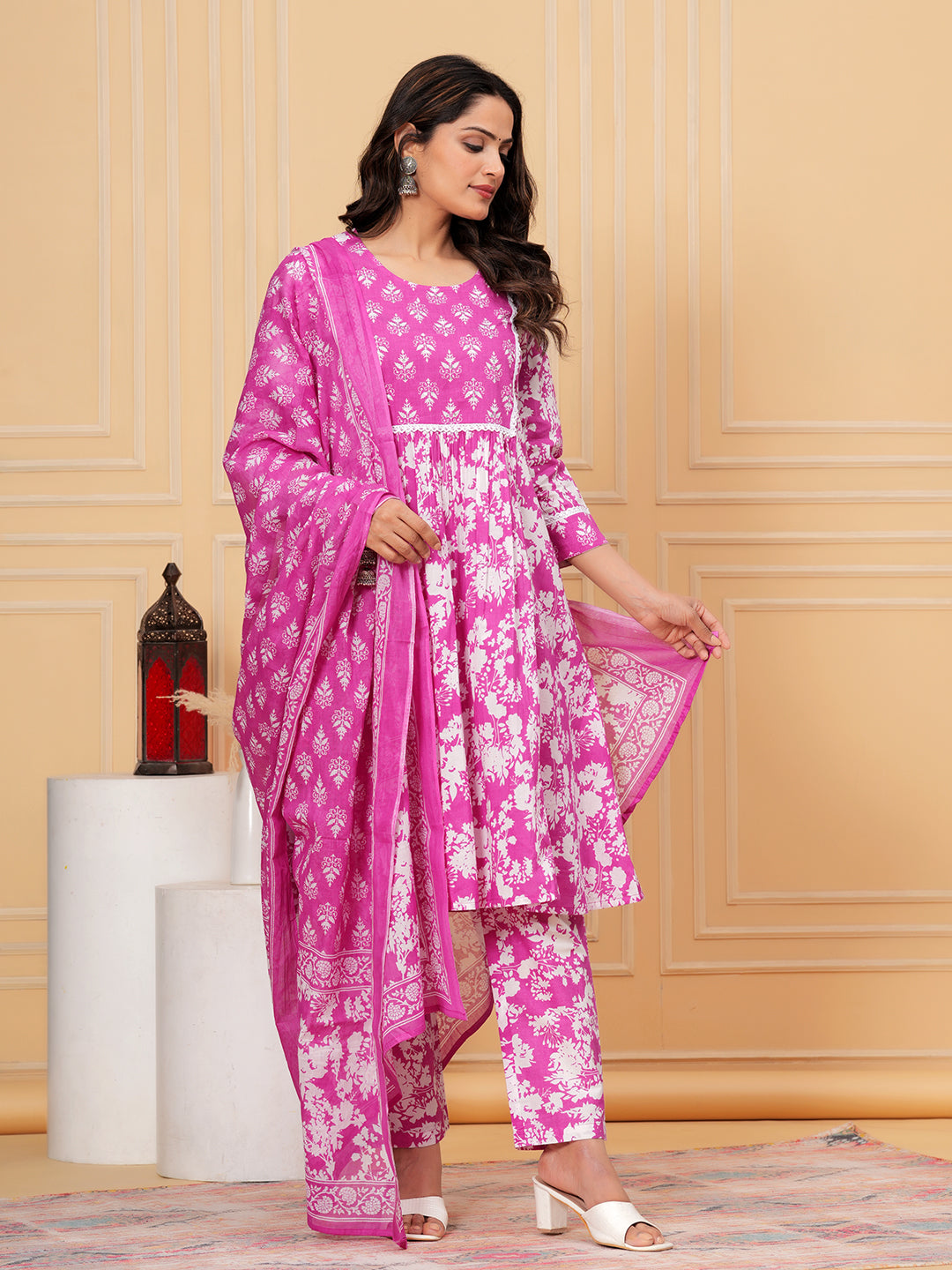 Pure Cotton Kurta, Pant & Dupatta Set (Embroidered & Lace Detailing)