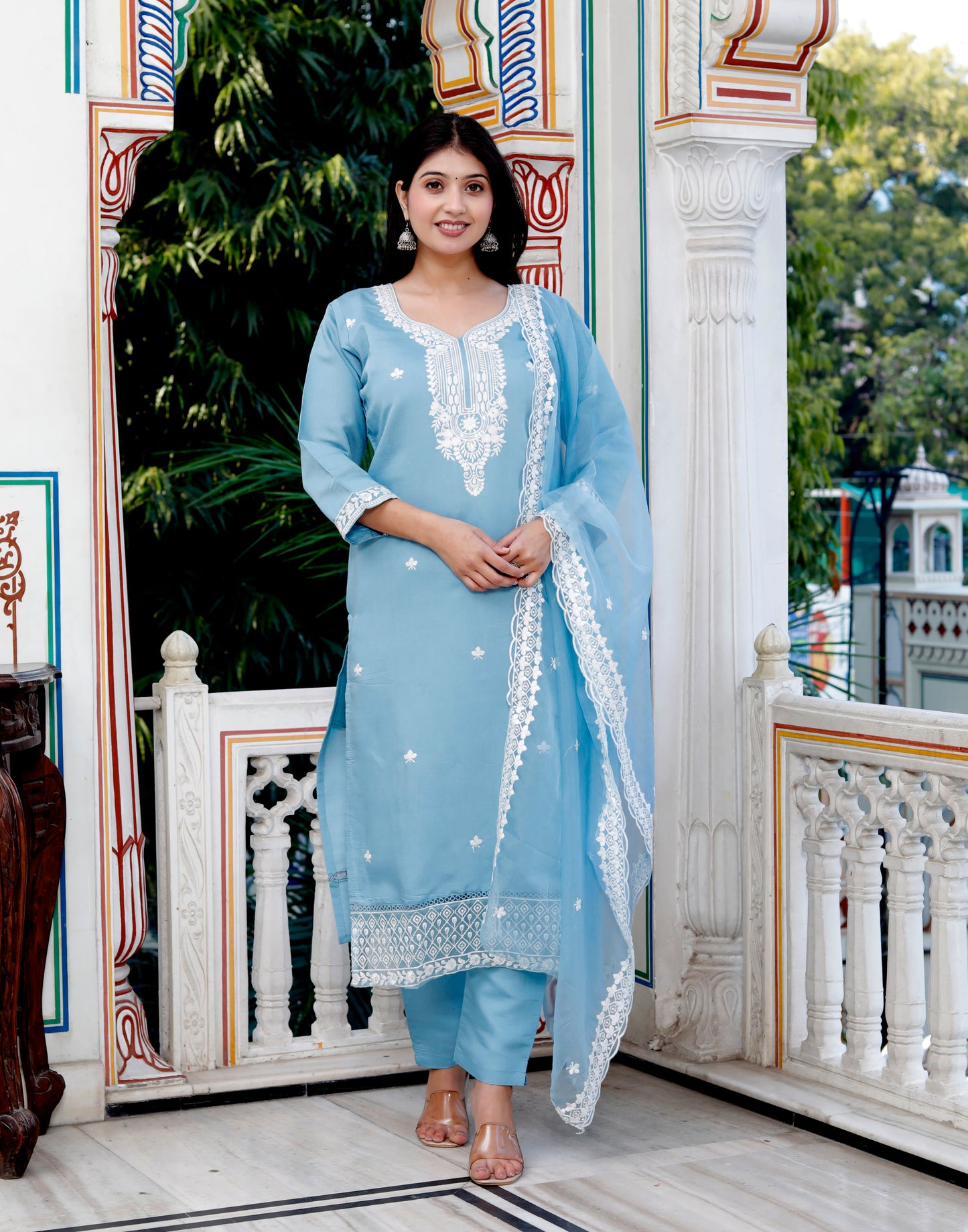 Roman Silk Embroidered Blue Kurta Pant Suit Set
