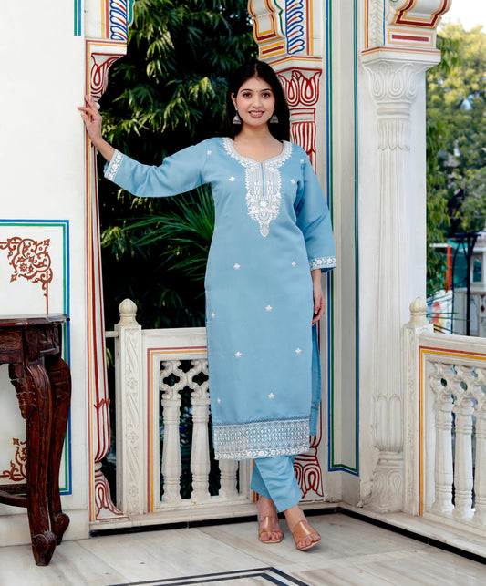 Roman Silk Embroidered Blue Kurta Pant Suit Set