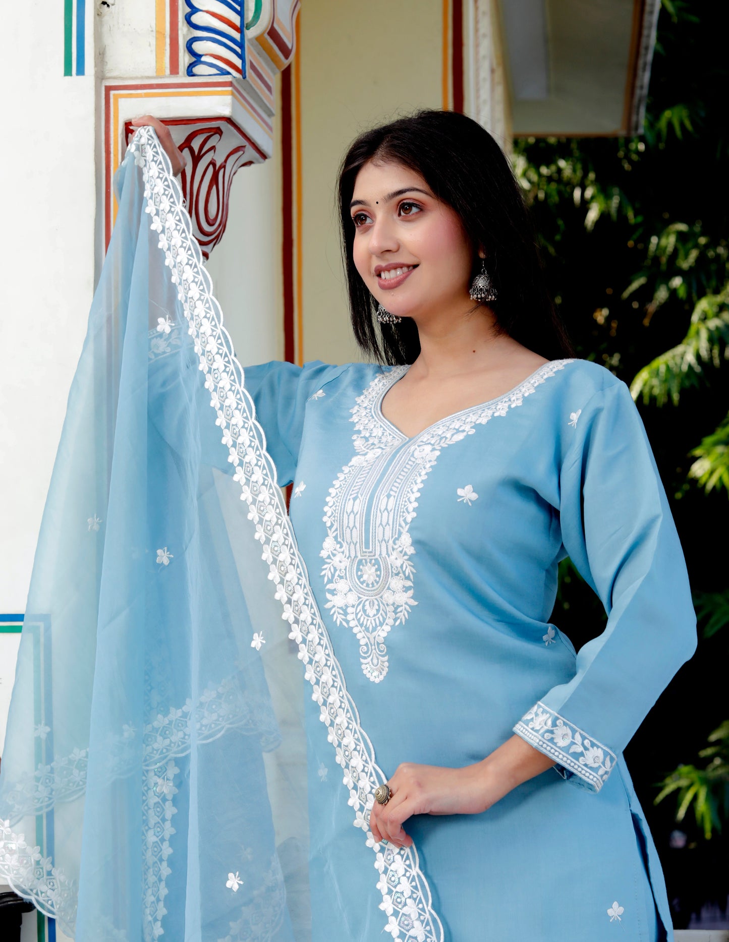 Roman Silk Embroidered Blue Kurta Pant Suit Set