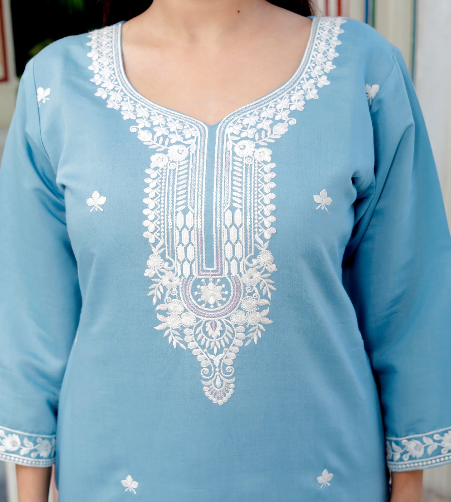 Roman Silk Embroidered Blue Kurta Pant Suit Set