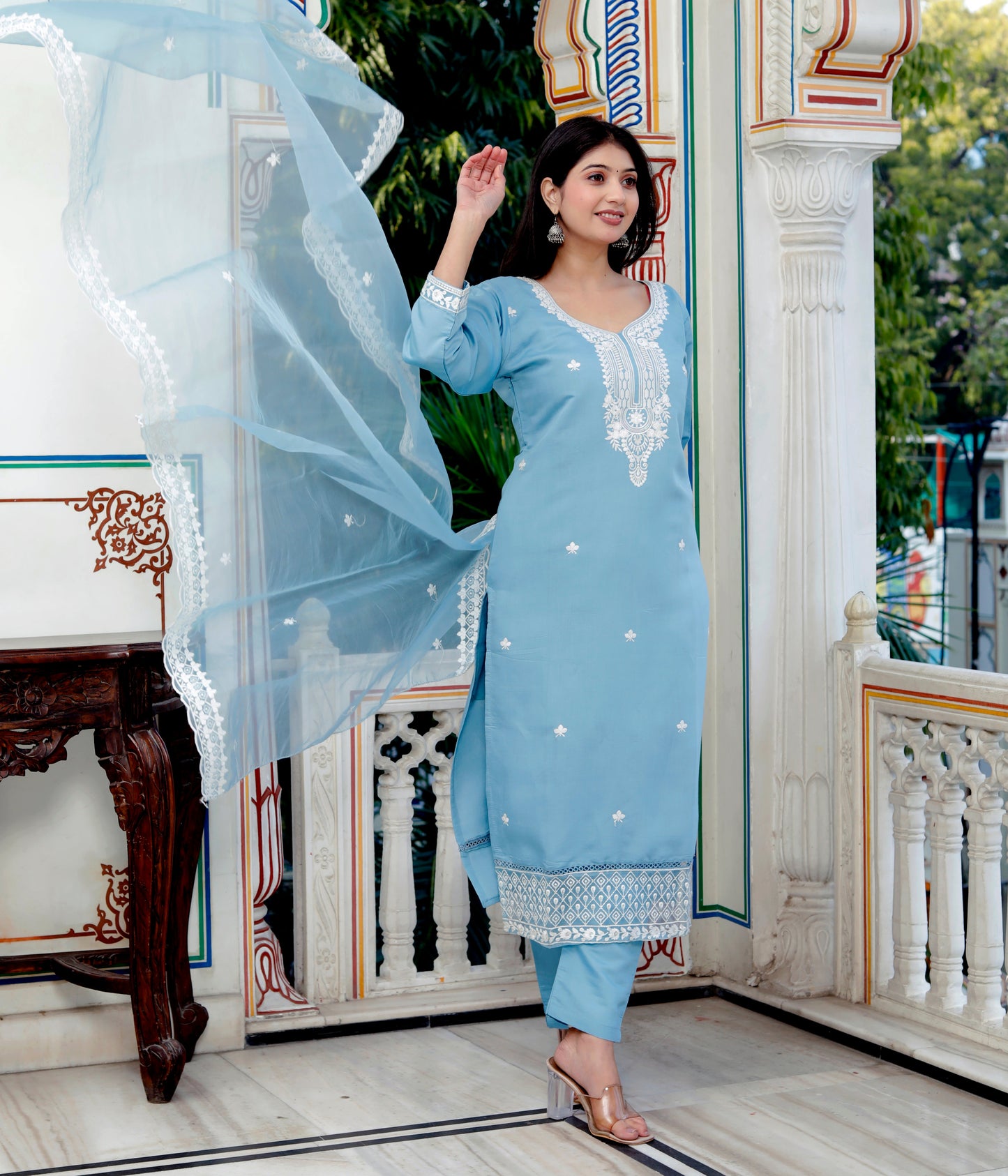Roman Silk Embroidered Blue Kurta Pant Suit Set
