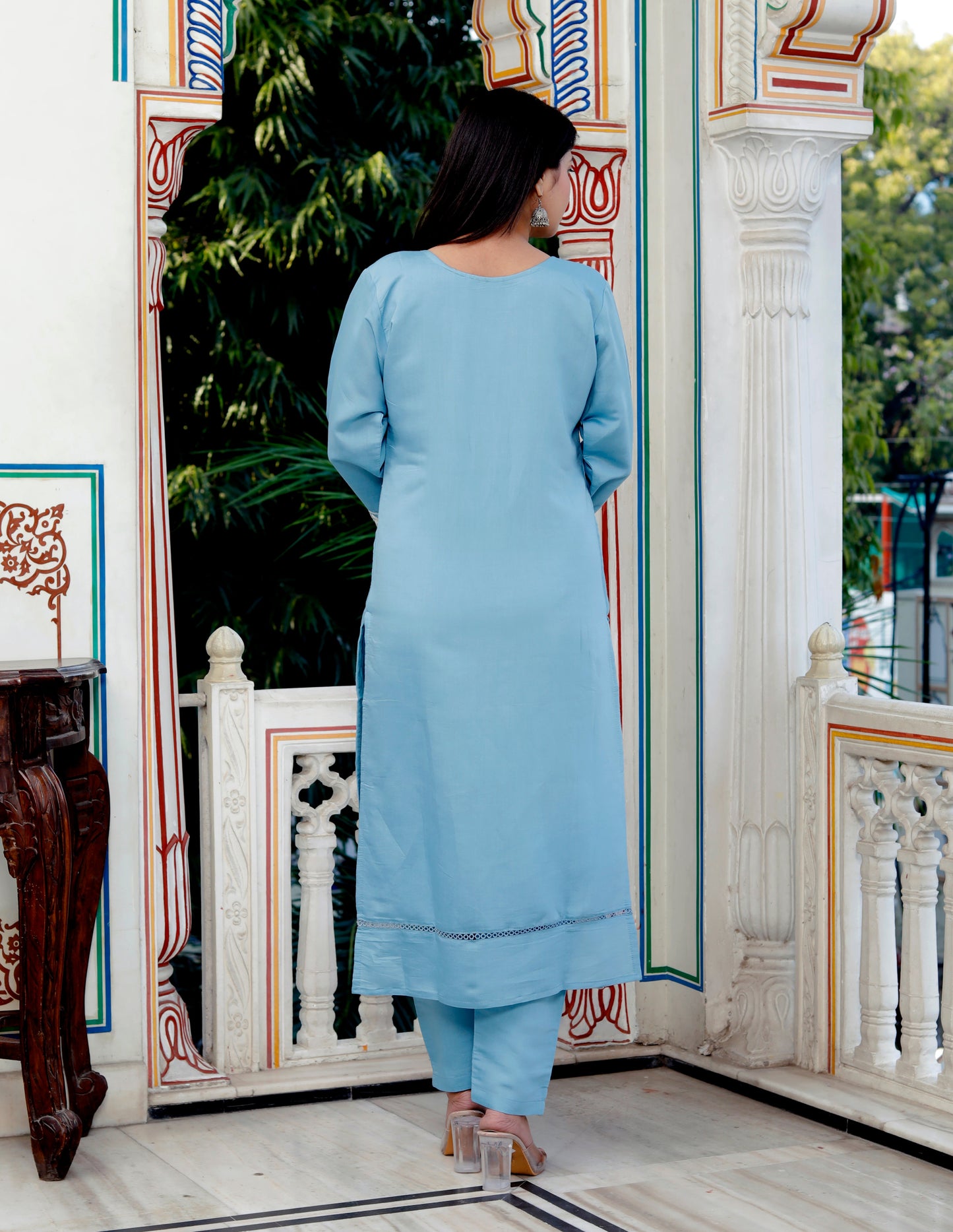 Roman Silk Embroidered Blue Kurta Pant Suit Set