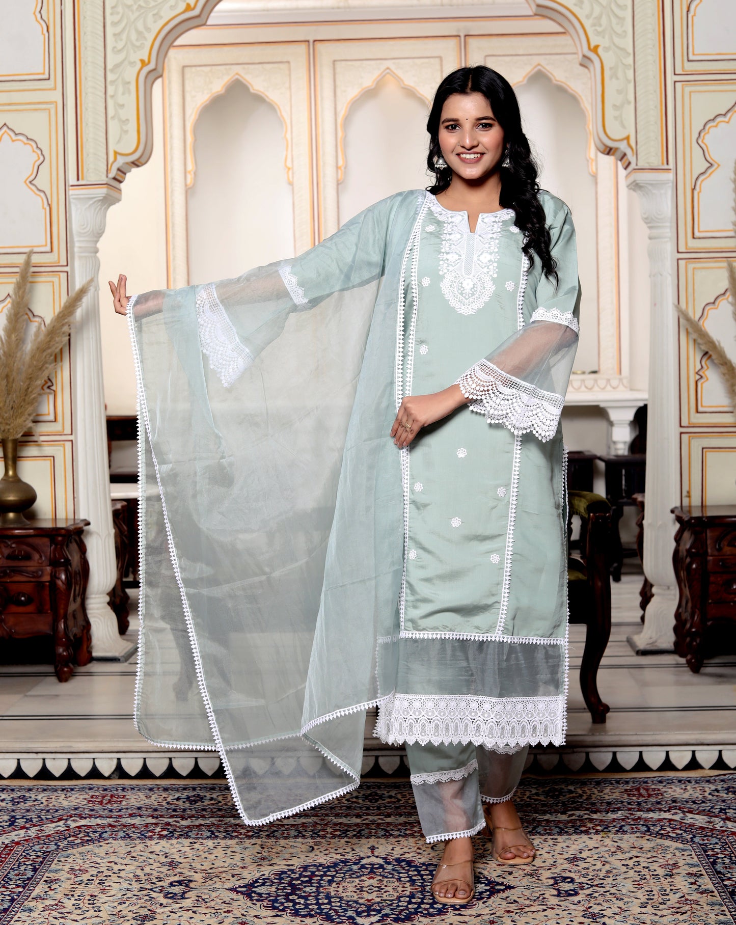 Roman Silk Grey Embroidered Pakistani Pattern Suit Set