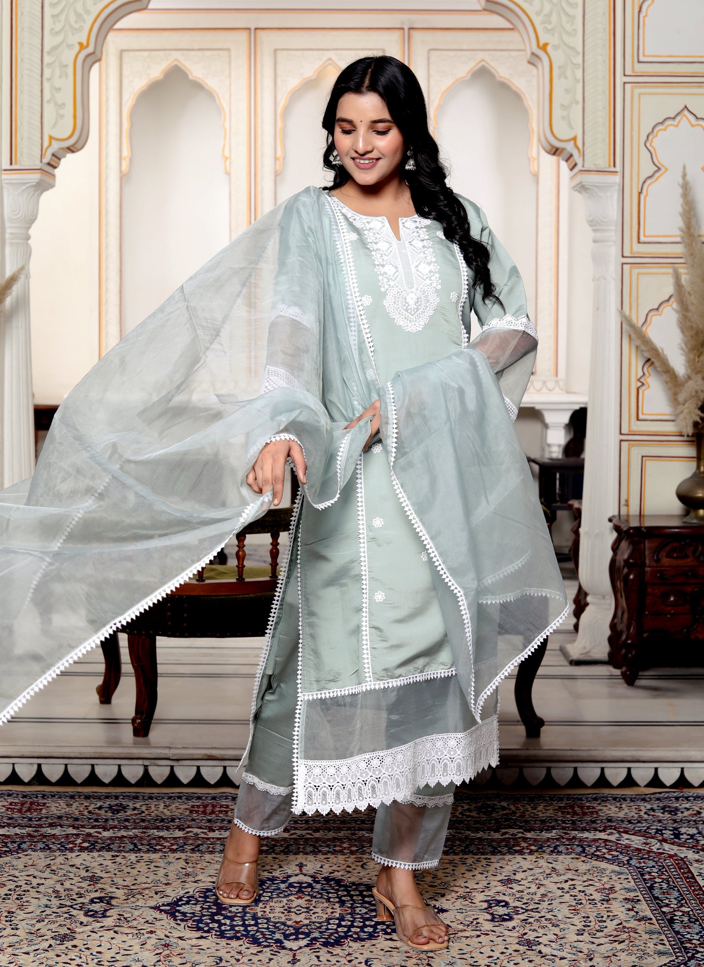 Roman Silk Grey Embroidered Pakistani Pattern Suit Set
