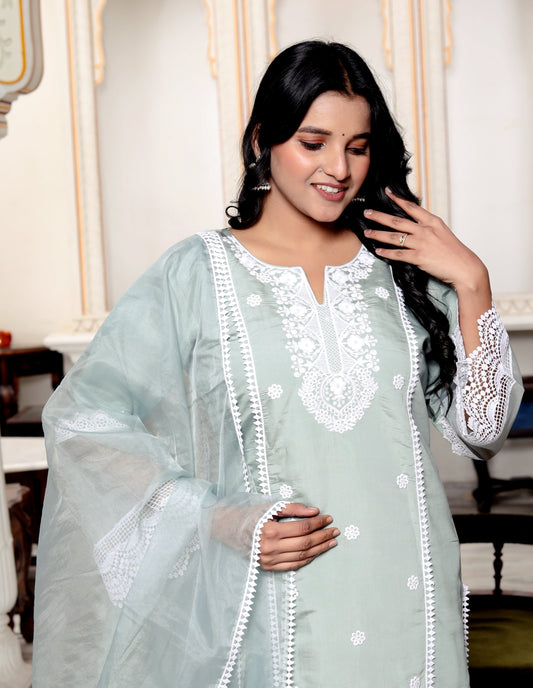 Roman Silk Grey Embroidered Pakistani Pattern Suit Set