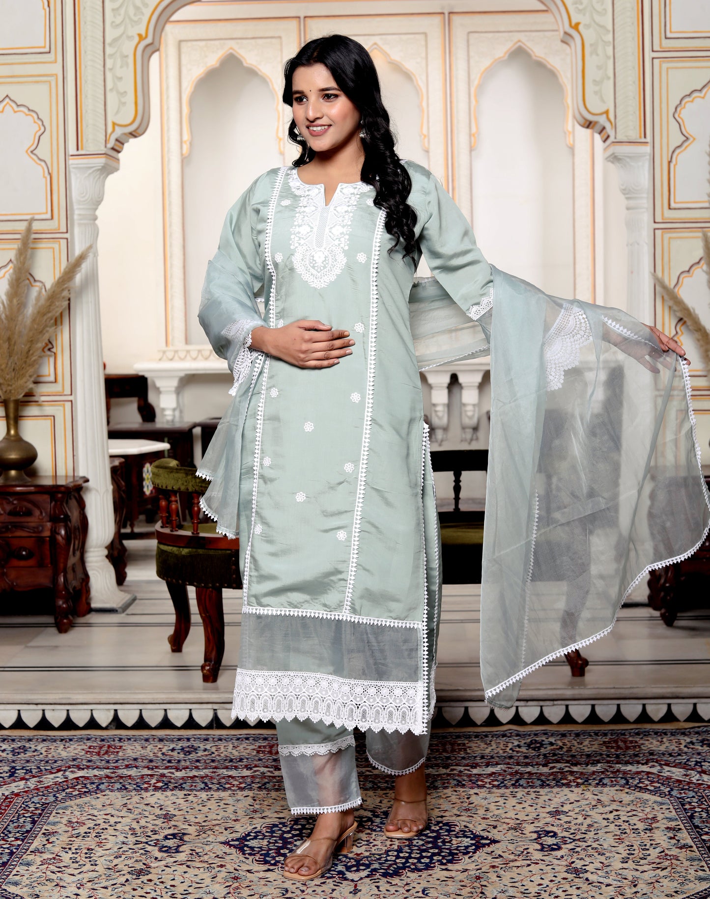 Roman Silk Grey Embroidered Pakistani Pattern Suit Set