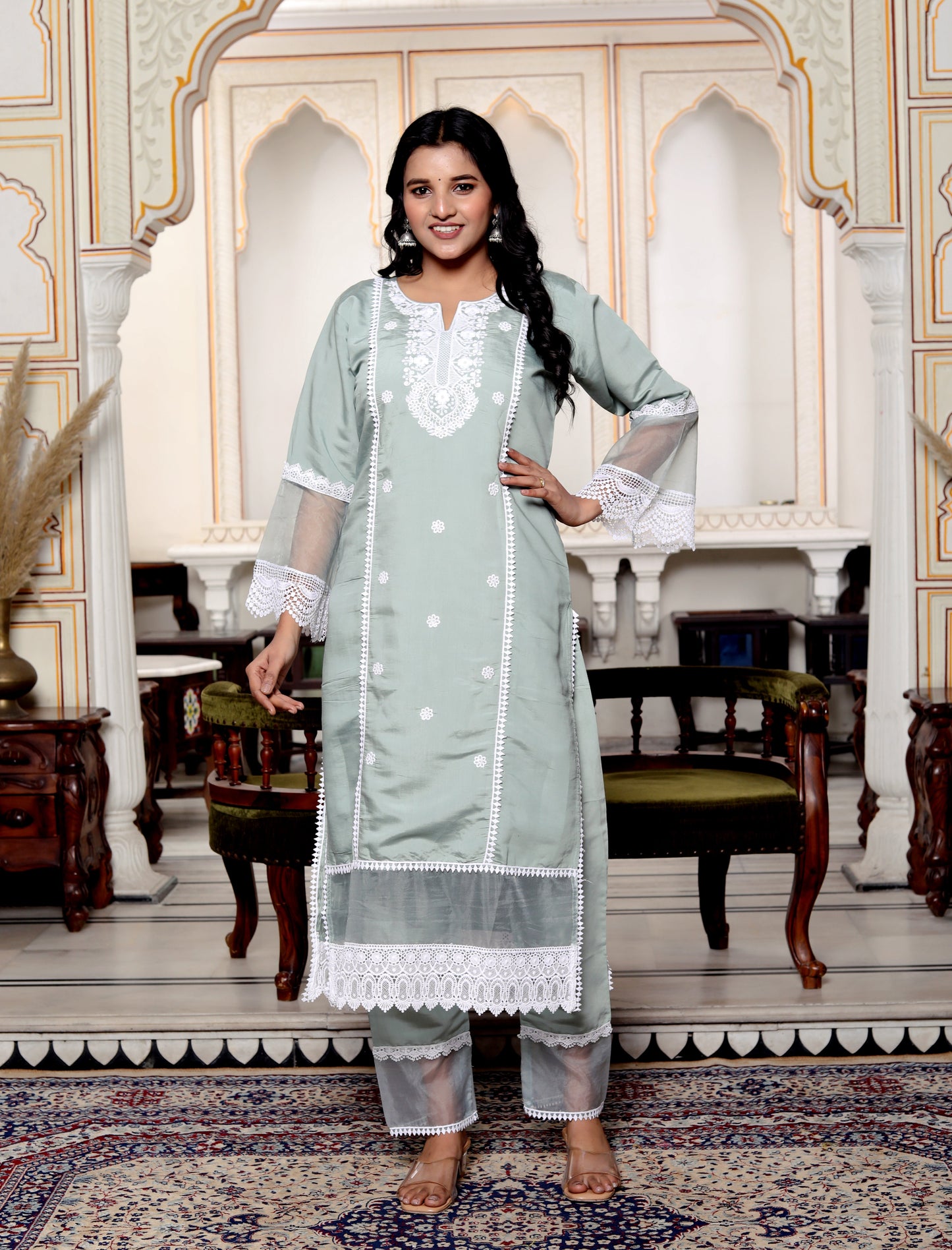 Roman Silk Grey Embroidered Pakistani Pattern Suit Set