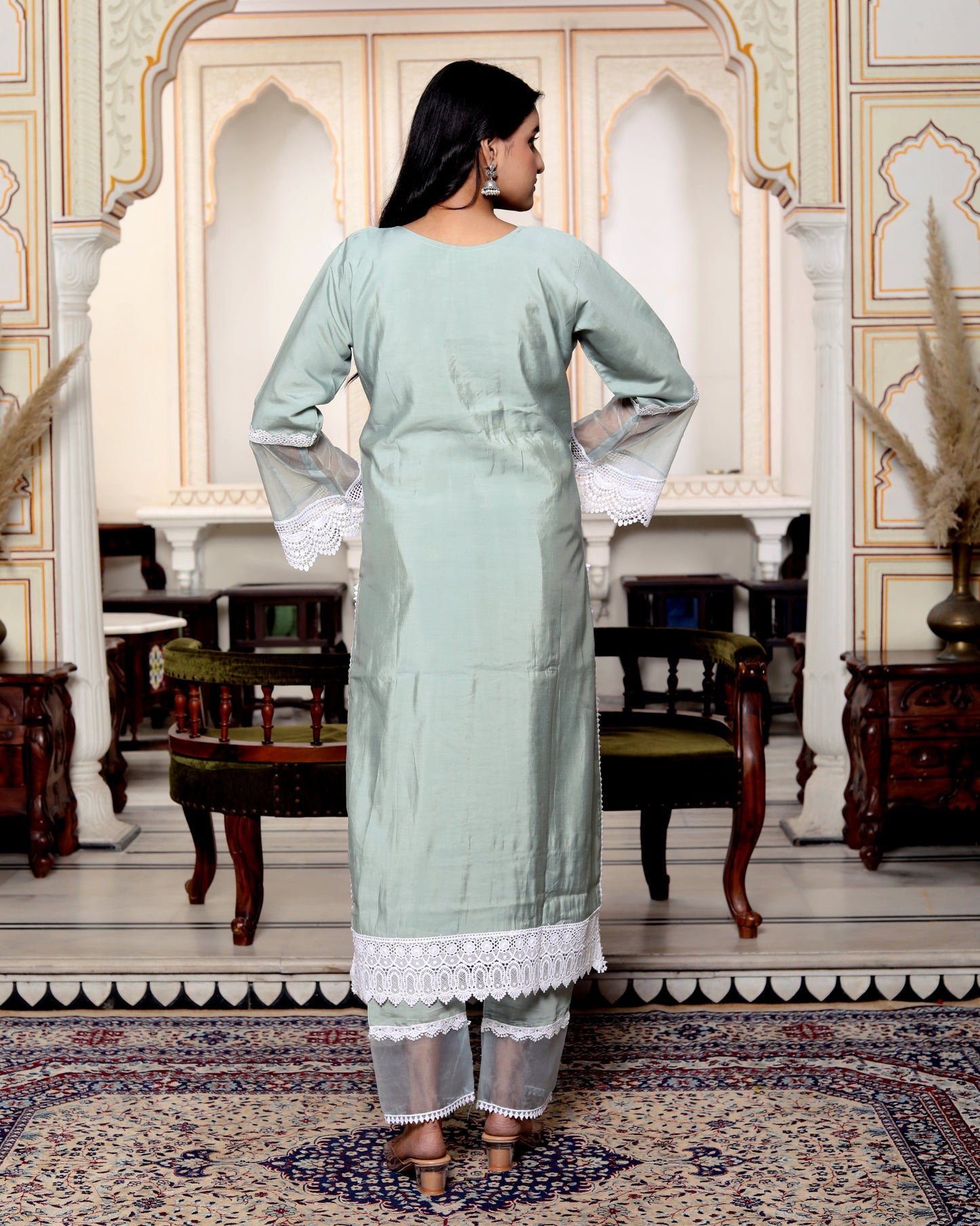 Roman Silk Grey Embroidered Pakistani Pattern Suit Set