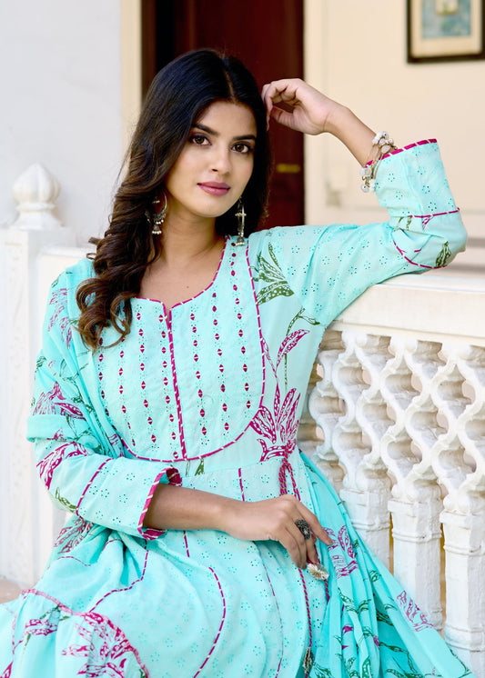 Aqua Bloom Anarkali Cotton Suit Set