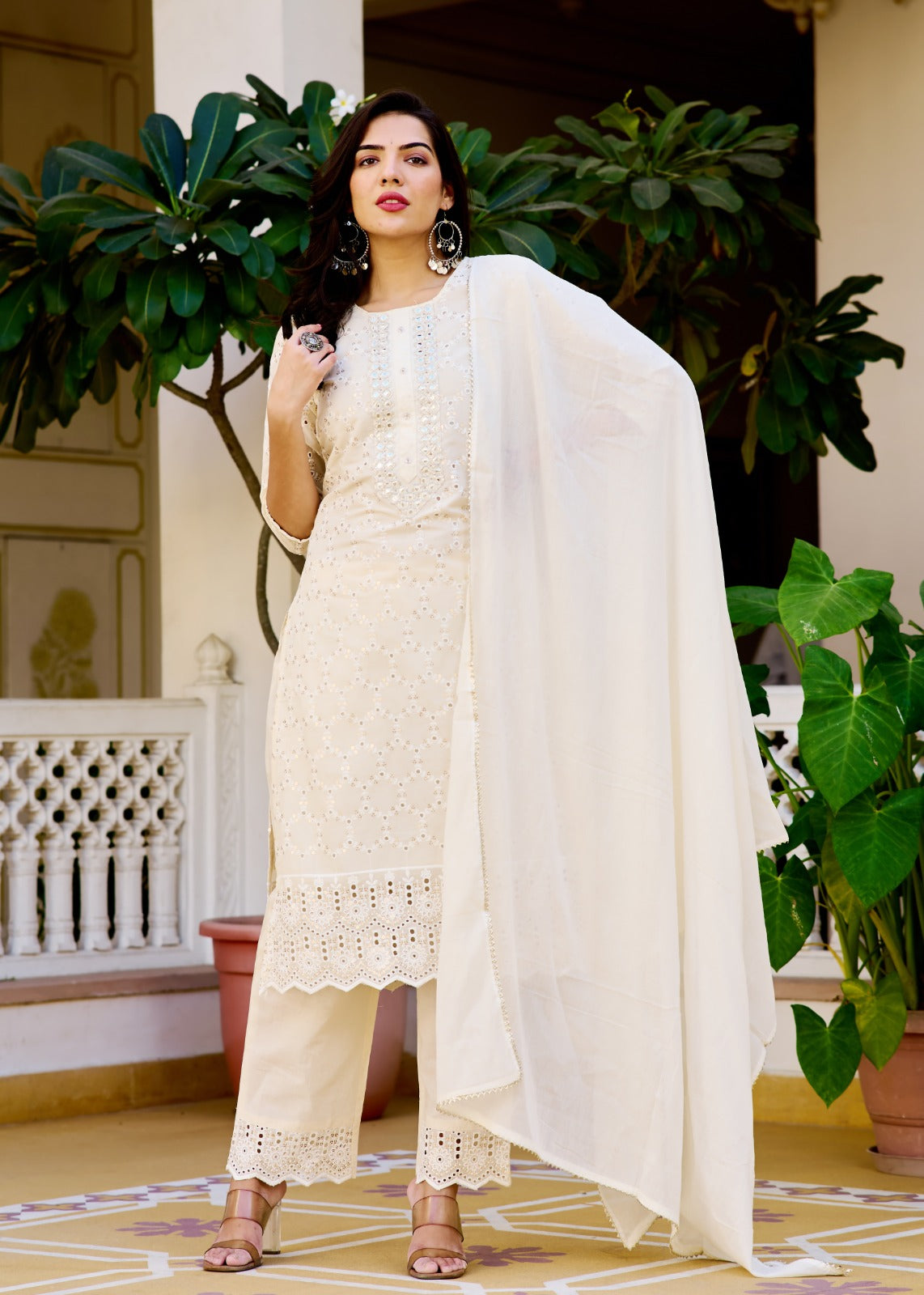 Cotton Cream Chikankari Suit Set